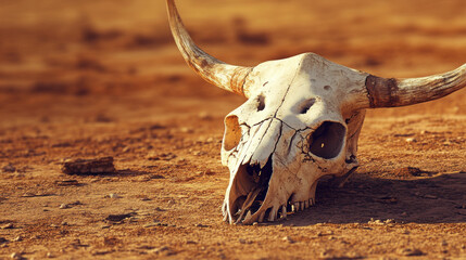 A sun-bleached cow skull resting on arid desert sand, its hollow eye sockets creating a haunting presence. The solid background is a warm terracotta shade, emphasizing the stark contrast between lif