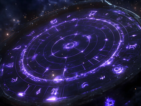 Ethereal Astrology Wheel Glowing in Deep Purple Hues Amidst a Starry Backdrop Beckons Insight Into Cosmic Energies and Personal Destinies