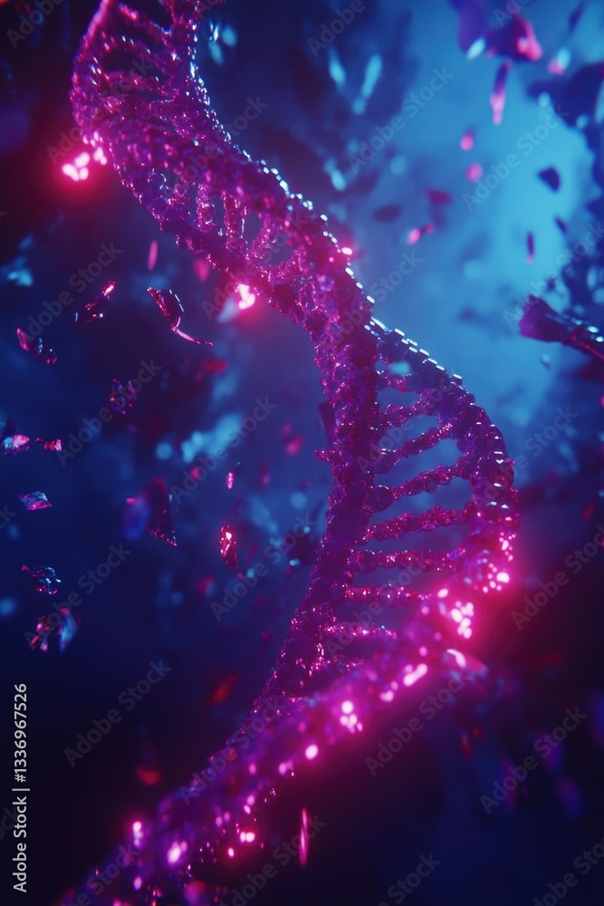 Poster A microscopic view of two strands of DNA intertwined, with a brief note on using this image for scientific or educational purposes
