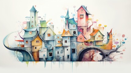 Obraz premium A vibrant village features creatively designed houses with unusual structures and colors, set in a dreamlike landscape filled with abstract flora, evoking a sense of wonder and imagination