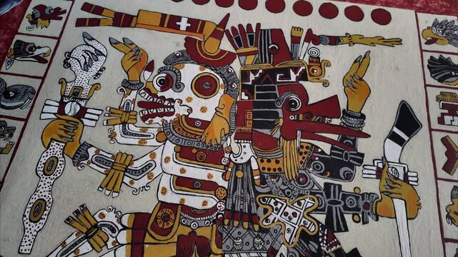 A painting of a man holding a sword and a bird. The painting is in a foreign language