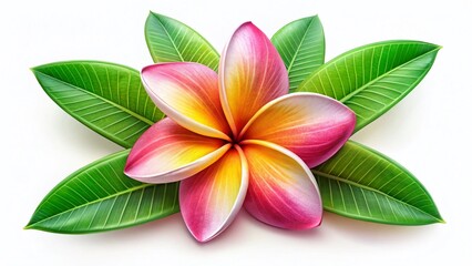 Fototapeta premium Aerial View of Tropical Frangipani Flower and Leaf on White Background - High-Resolution Stock Photo