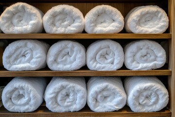 Neatly arranged white towels stacked on wooden shelves in a spa setting Generative AI