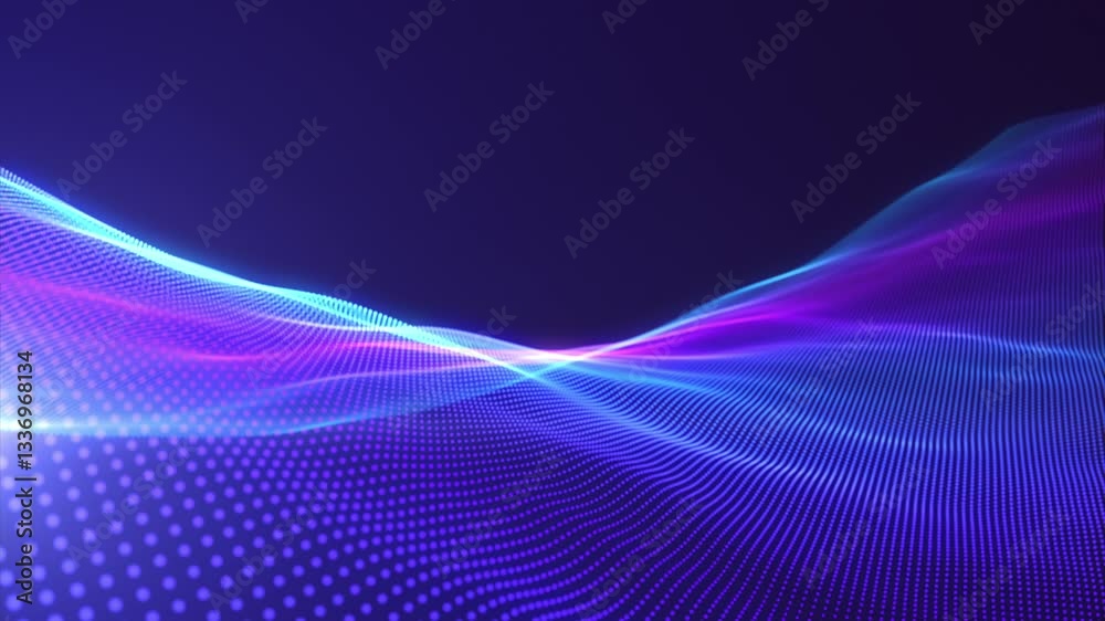 Wall mural purple and blue gradient particle waves flowing with bokeh. neon futuristic digital waves. big data,