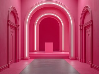 A pink interior corridor with arched doorways and illuminated arches