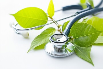 Stethoscope with green leaves symbolizing natural healthcare and wellness
