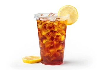 Ice Tea on Plastic Cup with Lemon, Side View Isolated on White Background