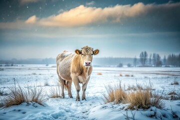 Naklejka premium Alaskan Winter Cow: Rural Idiosyncrasy, Snowy Landscape, Farm Animal in Cold Climate