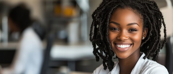 Happy Black Woman Smiling in Office Setting