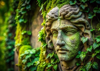 Fototapeta premium Ancient Stone Face Sculpture Overgrown with Lush Vines - Abstract Nature Art