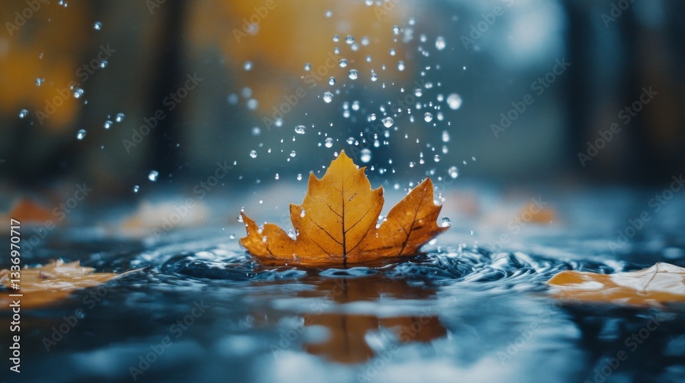 Aufkleber soft water droplets dance upon a brilliant autumn leaf, creating a mesmerizing display. nature's col