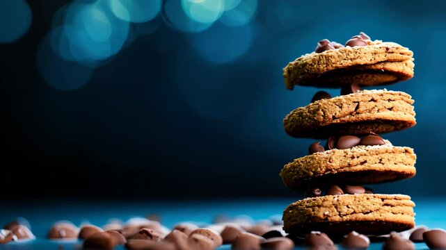 A delightful stack of chocolate chip cookies beautifully arranged against a striking blue background, perfect for showcasing indulgence and creativity in baking.