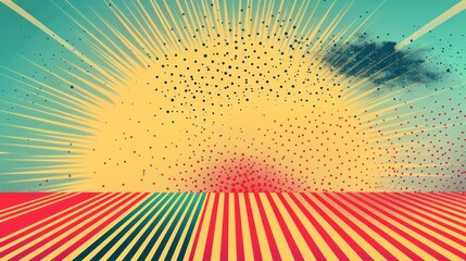 Abstract explosion over striped platform, cloudy sky backdrop