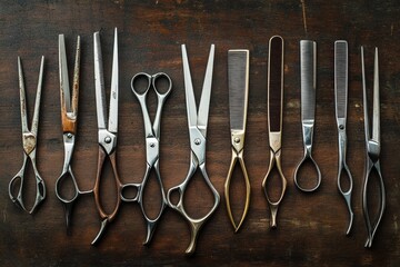 Professional hairstyling tools arranged neatly on wooden surface Generative AI