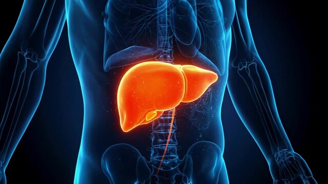 Human Anatomy liver blue glowing x-ray research 3d Medical illustration, liver diseases, liver health