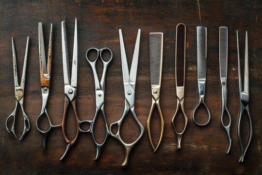 Professional hairstyling tools arranged neatly on wooden surface Generative AI