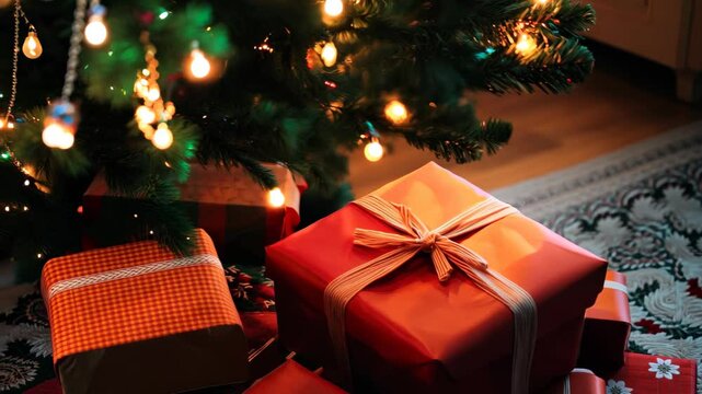A cozy Christmas scene showcasing beautifully wrapped gifts under a decorated tree, illuminated by soft holiday lights, evoking a warm festive atmosphere.