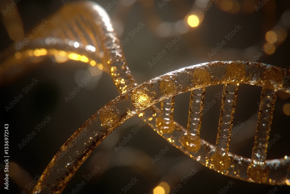 Poster Close-up of a double helix structure composed of two intertwined strands of gold-colored DNA