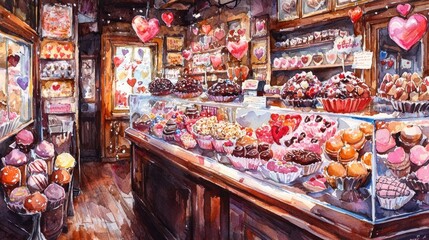 Colorful confections and heart-shaped sweets adorn the counters of a quaint candy shop, inviting visitors to indulge in delightful flavors during a joyful celebration