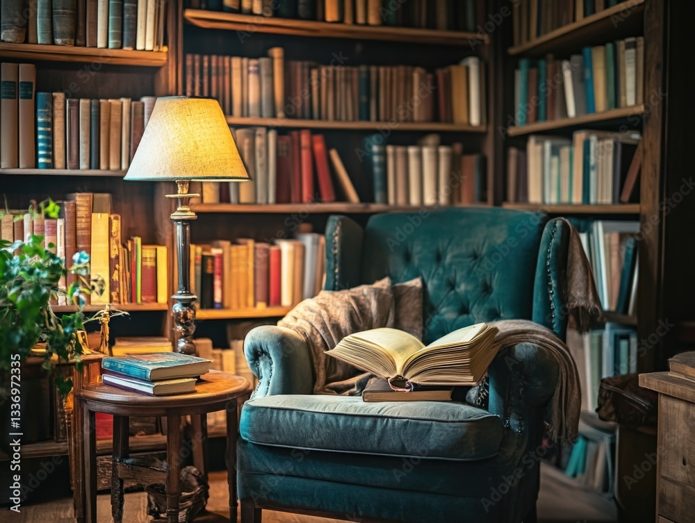 Poster A person is reading a book while sitting in front of a bookshelf filled with books