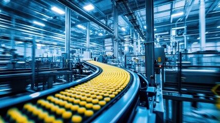 Fototapeta premium A busy factory showcases an intricate conveyor system carrying numerous yellow items in a well-lit environment. The efficient layout highlights the advanced technology in use