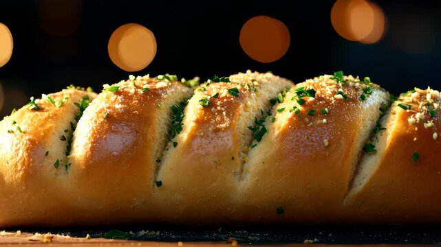 A beautifully baked garlic bread loaf topped with herbs, perfect for any meal or gathering. Ideal for showcasing delicious culinary treats in your food photography.