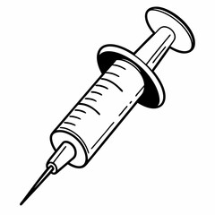line art drawing of syringe, likely for use in healthcare or pharmaceutical contexts. drawing, isolated on white background