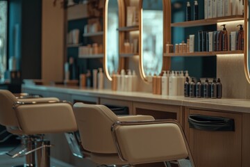 Empty salon chairs await clients in a modern beauty space Generative AI