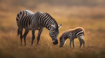 Zebra mother and calf grazing in golden savanna landscape