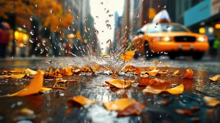 A city street where raindrops linger midair before softly fading