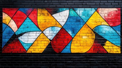 Naklejka premium Colorful abstract geometric mural on black brick wall