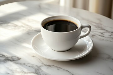 A white coffee cup filled with dark liquid on a marble table