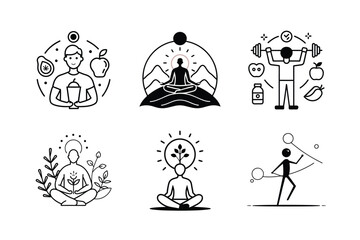 Powerful Health and Wellness Outline Illustrations: Mindfulness, Strength and Balance in Vector Art