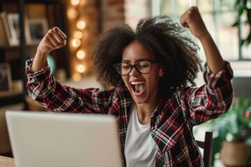 Girl student receive good test results laptop shouting computer.