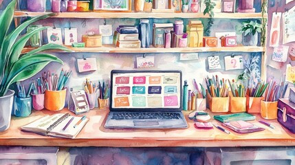 A vibrant workspace showcases a laptop displaying colorful designs surrounded by potted plants and an array of stationery items. This setting inspires creativity and organization