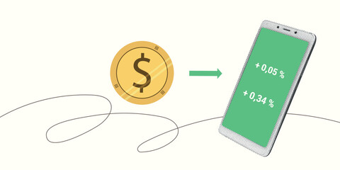 Contemporary Halftone Collage smartphone for investments concept, marketing, trading. Online Stock banner with finance elements, coins, money. Vertical invest or business poster. Vector illustration.