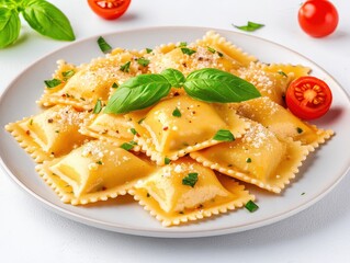 Fresh ravioli garnished with basil and cherry tomatoes on a white plate