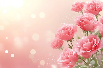 Delicate pink roses bloom against a soft, bokeh background