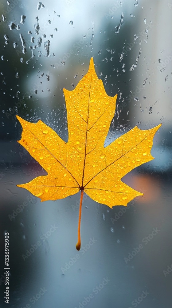 Poster a bright yellow leaf clings to a wet car window, illuminated by the muted autumn light. raindrops gl
