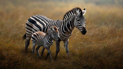 Zebra mother and foal in golden savanna grassland (1)