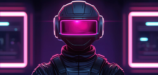 Futuristic virtual reality gaming experience with player in sleek helmet