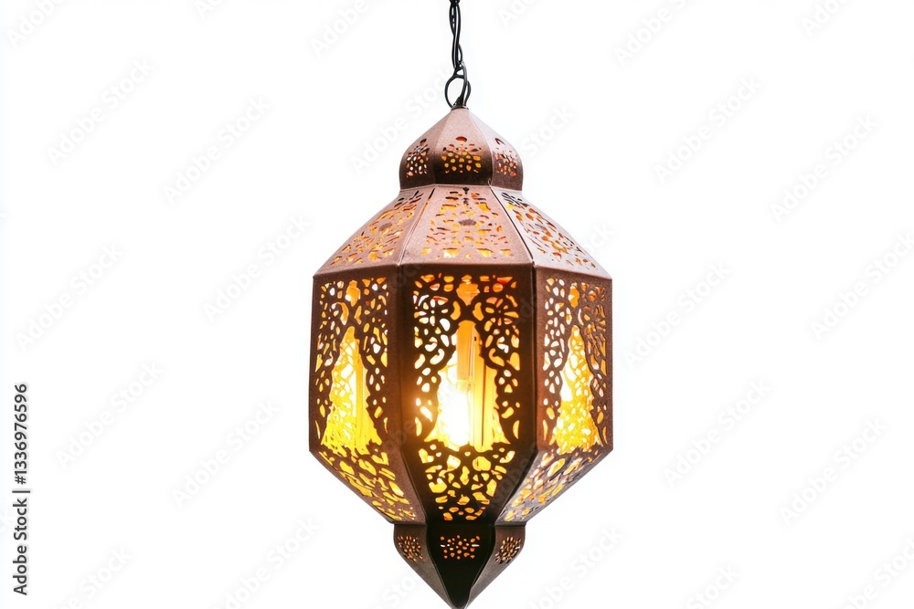Poster a single light pendant hangs from a chain against a white background