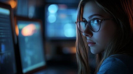 Naklejka premium Focused young caucasian female programmer in glasses working at night