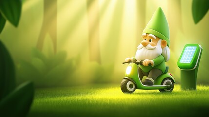 Gnome Riding Electric Scooter with Solar Panel in a Lush Green Forest Environment