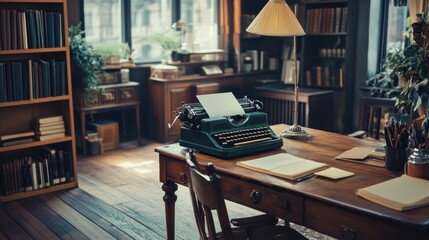 Vintage Typewriter on Wooden Desk in a Library Setting