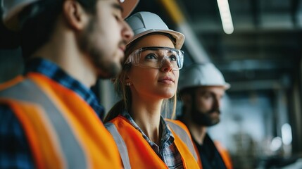 Caucasian male and female construction workers in safety gear at worksite