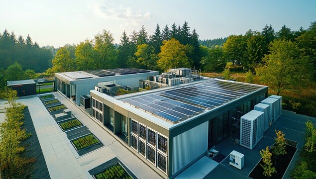 Aerial view of an advanced data center facility with solar panels on the roof, surrounded by green space and trees in peaceful surroundings. 