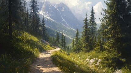 Obraz premium Serene Mountain Trail: A Peaceful Hike Through the Alpine Meadows