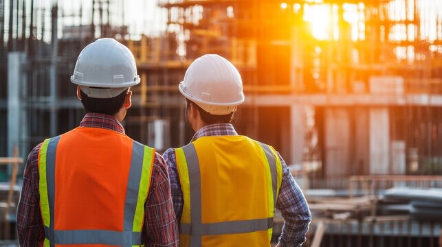 Male construction workers observing building site at sunset in safety gear