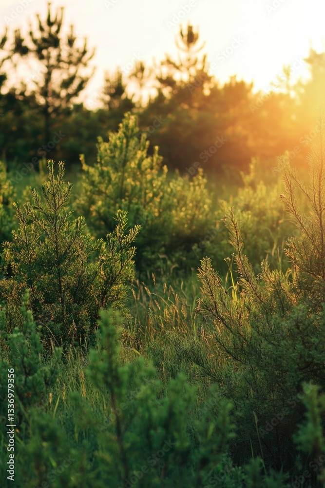 Poster trees illuminated by sunlight in a dense forest